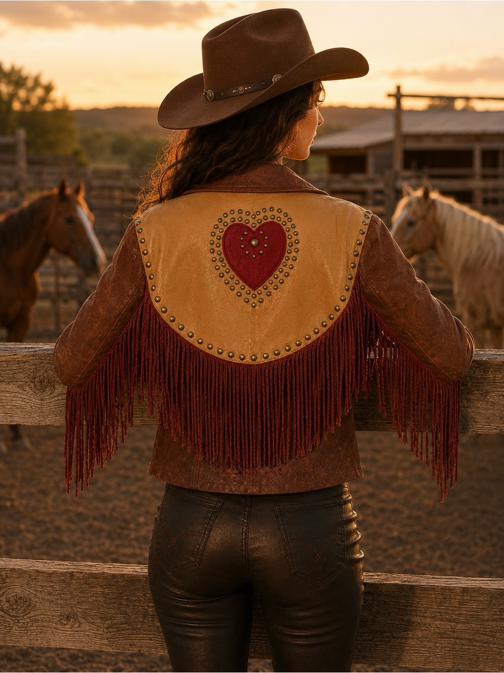 Vintage Scully Leather Fringe Jacket Heart Studded Western Cowgirl Boho M